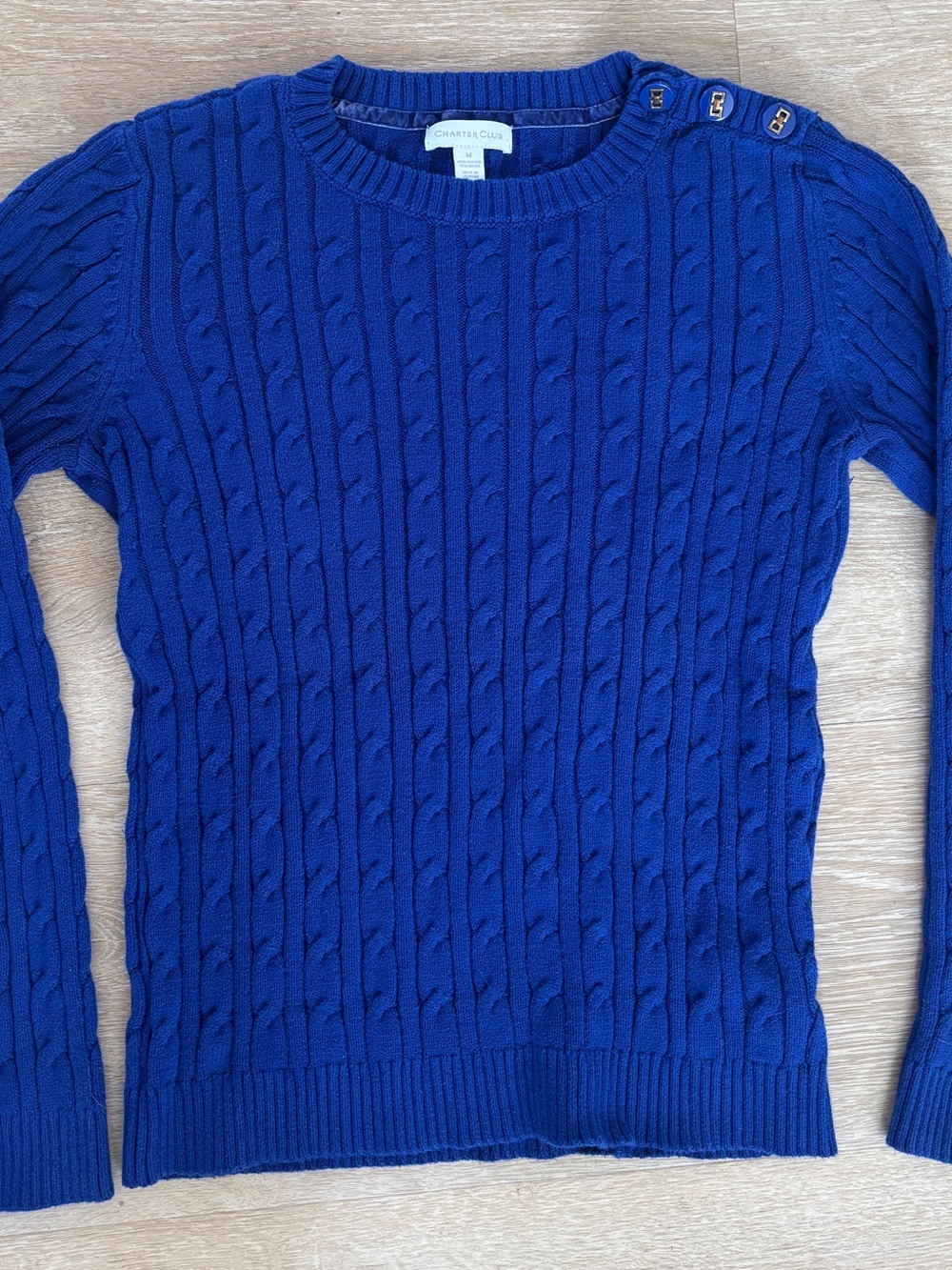 Charter Club Women's Cable Knit Sweater Size M Blue Button Shoulder Crewneck